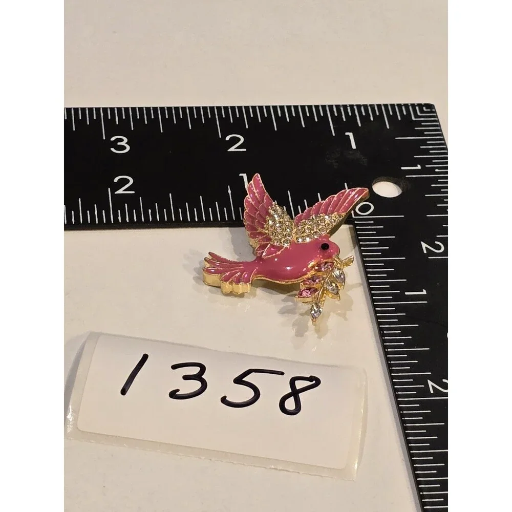Pink Enamel Bird Brooch Rhinestone Flower Branch Gold Tone Dove Songbird Pin